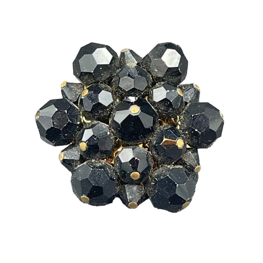 Vintage Black Glass Beaded Cluster Snowflake Round Shape Brooch Pin 1.5”